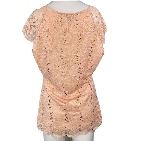 Boston Proper Shirt Women Sz M Pink Sparkle Wrap Top Scalloped Lace Overlay - Picture 4 of 8